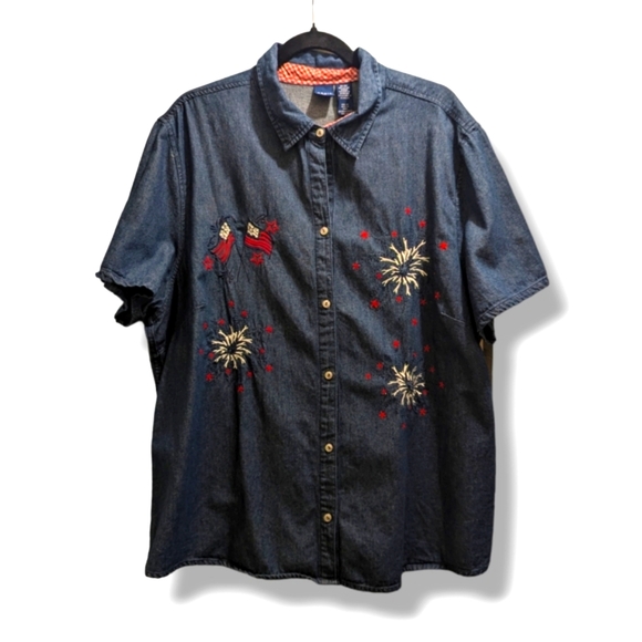 Basic Editions Tops - Basic Editions 90's Embroidered Denim Top Short Sleeve Red White Blue July 4- 2X